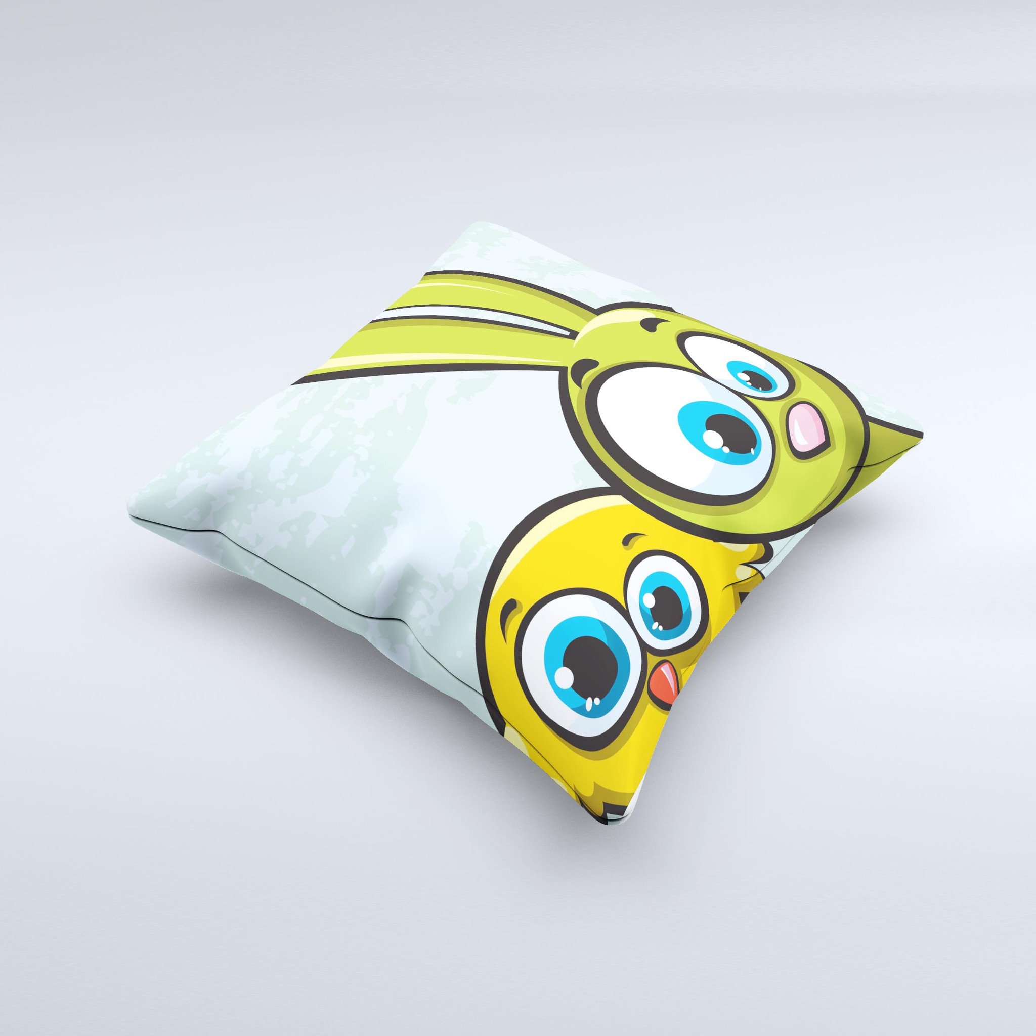 Toon Green Rabbit and Yellow Chicken decorative throw pillow, showcasing vibrant colors and unique ink-fuzed design, handcrafted in Virginia.